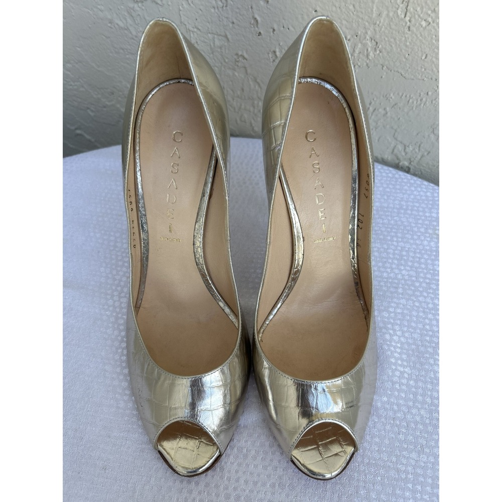 Casadei Gold Metallic Croc Embossed Peep Toe Pumps Stiletto Heels Size 8 Italy